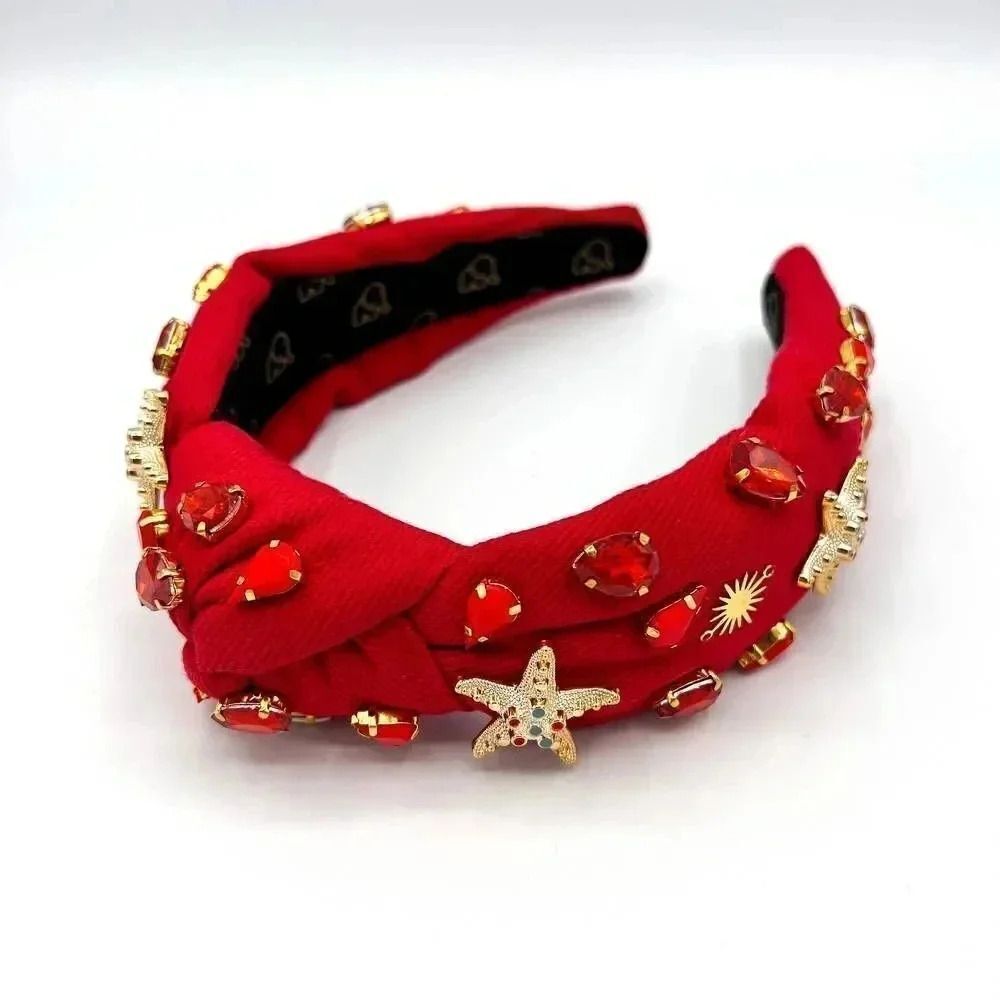 Crystal Headband - DENIM Headband - Knot Headband + Crystals - RUBY RED